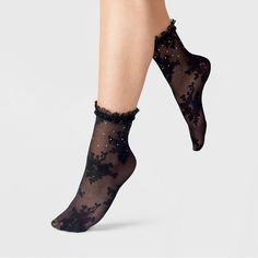 Add elegant style to your everyday looks with the Jewel Floral Sheer Anklet Socks With Ruffle from A New Day™. These black socks feature a sheer construction with floral knit detailing for a textured appeal. Adorned with rhinestones, these anklet socks showcase ruffled trim and banded cuffs for an eye-catching look. Plus, they're made from soft and stretchy fabric for comfortable wear. A New Day™: Style that goes wherever you do. Socks With Flats, Black Anklet, Retro Inspired Fashion, Edgy Looks, Sheer Socks, Black Jewel, Womens Mary Janes, Floral Knit, Wardrobe Inspiration