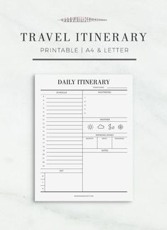 the travel itinerary printable is shown in black and white