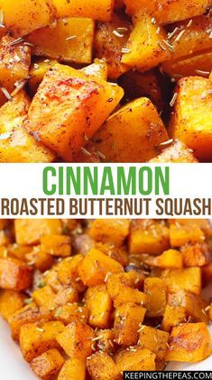 roasted butternut squash with cinnamon on top and in the background text overlay reads, cinnamon roasted butternut squash