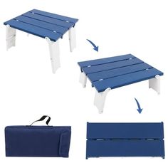 two blue and white benches with one bench attached to the back, another set up in different positions