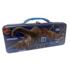 a metal case with dinosaurs on it and blue handles for the top handle is open to show an image of a t - rex