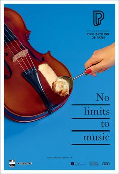 a poster with a violin and food on it's side, which reads no limits to music