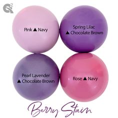 three balls with names on them are labeled in purple, pink and lilac colors