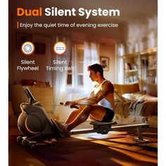 a man sitting on an exercise bike with the text dual silent system enjoy the quiet time of evening exercise