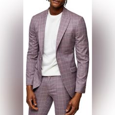 Topman Moda Super Skinny Jacket 42r Tailored Pink Blazer For Fall, Fitted Purple Blazer With Suit Collar, Pink Tailored Blazer For Fall, Tailored Pink Fall Blazer, Winter Pink Single-breasted Blazer, Pink Business Suit With Pockets, Pink Business Suits With Pockets, Pink Suit Collar Outerwear For Spring, Pink Blazer For Business Casual In Spring