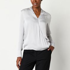 For a polished, modern look, grab this Worthington women's sleeveless wrap shirt to wear professionally and casually. It's made from soft satin for a regular-fit and features a v-neck and long leeves. Wear it with pants or jeans. Closure Type: ButtonFit: Regular FitNeckline: V NeckSleeve Length: Long SleeveSleeve Style: Fitted SleeveApparel Length: 25.5 InchesFiber Content: 100% PolyesterFabric Description: SatinCollar: Banded CollarCare: Machine Wash, Tumble DryCountry of Origin: Imported Wrap Shirt, Shirts Tops, Product Description, V Neck, Grey, Long Sleeve, Pants, How To Wear, Trousers