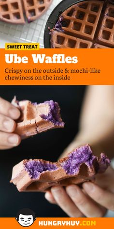 two waffles with purple frosting on them and the words, sweet treat ube waffles crispy on the outside & mochi like chew