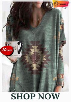 V-neck Casual Loose Geometric Print Long Sleeve T-shirt Look Boho Chic, Boho Mode, Boho Styl, Dresses Casual Winter, Mode Boho, Midi Shift Dress, Womens Shift Dresses, Green Midi Dress, Short Mini Dress