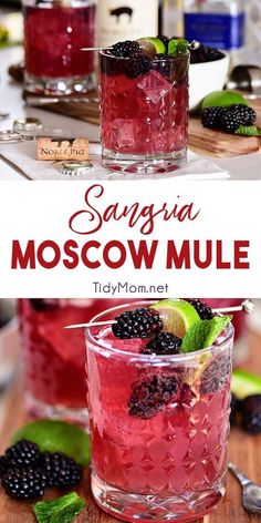 two glasses filled with sanggra moscow mules and garnished with blackberries