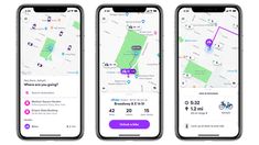 three iphones with maps on them, one showing the location and the other showing directions