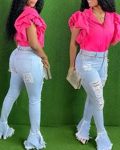 Lasaky - Bell Bottom Fringed Hem Ripped Denim Pants High Waist Jeans With Frayed Hem For Night Out, Spring Jeans For Night Out, Ripped Jeans For Spring Night Out, Pink Ripped Denim Jeans, High Waist Jeans For Night Out In Spring, Ripped Denim Pants, Denim Pattern, Denim Chic, Denim Patterns