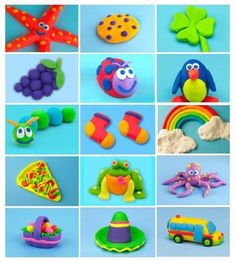 many different types of toys are shown in this collage with blue and green colors