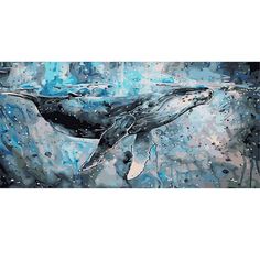 a painting of a humpback whale in the ocean with blue water and bubbles