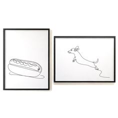 two framed drawings of hot dogs and a dog on a bun