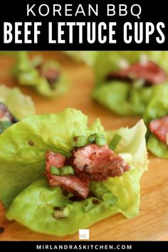 korean bbq beef lettuce cups on a cutting board with text overlay