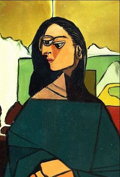 a painting of a woman with glasses on her face and long hair, wearing a green dress