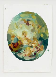 an abstract painting of flowers in a green and yellow circle with white border around it