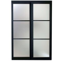 the sliding glass door is black and has frosted glass panels on both sides,