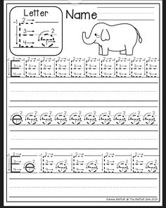 the letter e worksheet with an elephant and letters to be written on it