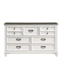 a white dresser with black top and drawers on the bottom, in front of a white background