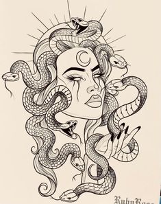 a drawing of a woman's face with snakes around her neck and the words,