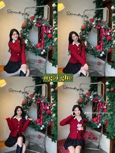 four pictures of a woman sitting in front of a christmas tree wearing a red sweater and black skirt