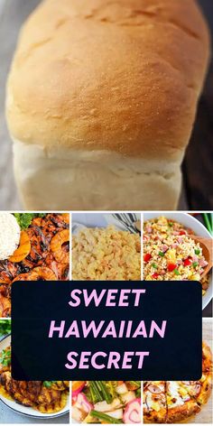 sweet hawaiian secret recipe collage with photos and text overlaying the image in pink