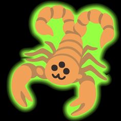 an orange scorpion with black spots on it's back legs and arms, sitting in front of a green background