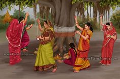 several women in colorful sari dancing around a tree with their hands up to the sky