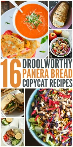 collage of images with text overlaying that reads 16 drool worthy panera bread copycat recipes