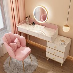 a pink chair sitting in front of a white desk with a mirror on top of it