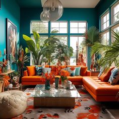 a living room filled with lots of orange and blue furniture