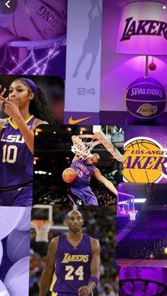 the los angeles lakers basketball team is depicted in this collage with purple and yellow colors