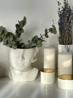 vases and candles are sitting on a shelf next to a plant in a ceramic head