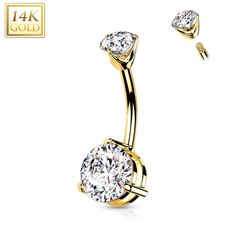 Product Details14kt Solid Yellow Gold Double Prong Set Cubic Zirconia Belly Ring You do not have to choose between substance and style with this 14 gauge navel ring. It is 3/8 inch and made with solid 14kt yellow gold. The top end features a clear cubic zirconia gem. The bottom end features an 8mm matching clear cubic zirconia gem for a look that is on trend and full of luxurious elegance. The overall look is bold and sumptuous and thoroughly eye catching. Add a dash of glamour to your navel piercing with this luxury belly piercing jewelry.Specifications14 Gauge (1.6mm), 3/8" (10mm), Solid 14kt Yellow Gold Curved Barbell, Cubic Zirconia Gold Belly Rings, Gold Belly Button Rings, Mid Finger Rings, Dermal Anchor, Smiley Piercing, Gold Belly Ring, Synthetic Opal, Conch Piercing, Ear Cuff Earings