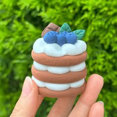 a hand holding a small toy cake with blueberries on top