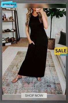 Black Sleeveless Round Neck Maxi Dress Black Dresses Casual Black Sleeveless Maxi Dress, Fitted Black Sleeveless Dress, Black Sleeveless Maxi Dress For Summer, Black Solid Color Maxi Dress, Casual Black Sleeveless Dress, Black Solid Sleeveless Spring Dress, Black Solid Color Sleeveless Dress For Spring, Chic Black Solid Color Maxi Dress, Maxi Dress Black