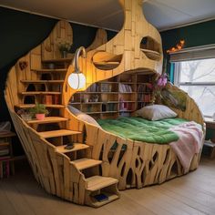 a bed made out of wooden planks with stairs leading up to the top and bottom