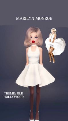 the doll is wearing a white dress and high heels with red lipstick on her lips