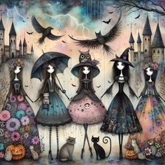 three girls with umbrellas and cats in the rain