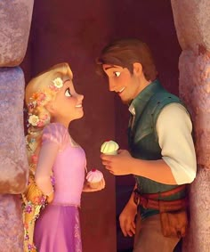 the princess and the frog are talking to each other in front of a stone wall