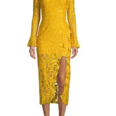 Worn Once Elegant Yellow Lace Dress For Spring, Elegant Yellow Sheath Midi Dress, Long Sleeve Lace Evening Dress For Spring, Elegant Yellow Lace Dress, Elegant Fitted Yellow Lace Dress, Fitted Lace Dress For Dinner In Spring, Yellow Sheath Cocktail Dress, Spring Knee-length Evening Dress For Dinner, Formal Yellow Dress For Fall