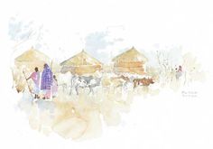 watercolor painting of people and animals in front of huts