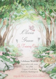 a wedding card with trees and flowers on the front, along with an image of a pathway