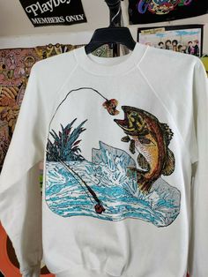 Fishing Sweatshirt, Steam Clothes, Thrift Inspo, Vintage Art, Graphic Sweatshirt, Fishing, Fish, Tags