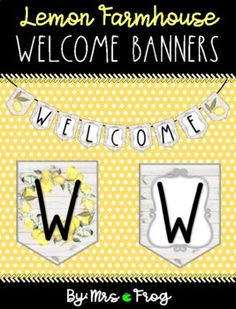 a welcome banner with the letter w in black and white, on yellow polka dots