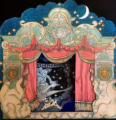 an image of a stage set with cats on the stage and stars in the sky