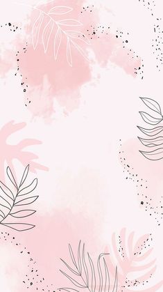 a pink background with black and white leaves on the bottom right corner, in front of a light pink watercolor spot