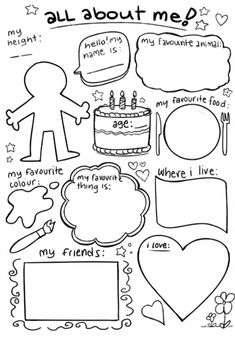 an all about me coloring page for kids with pictures and words on the page,