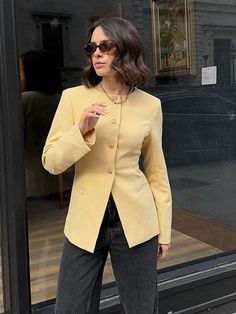 TAVIMART - Fashion Solid Office Coats Women Casual O Neck Long Sleeve Pockets Single Breasted Female Jackets 2024 Autumn Elegant Lady Tops ml Yellow Fall Blazer, Chic Yellow Single Breasted Outerwear, Yellow Long Sleeve Outerwear For Office, Casual Yellow Blazer For Work, Chic Yellow Single-breasted Outerwear, Yellow Long Sleeve Blazer With Button Closure, Fitted Yellow Outerwear For Office, Yellow Spring Office Blazer, Elegant Yellow Spring Outerwear